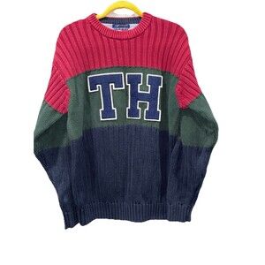RARE  VTG Tommy Hilfiger Bold Initial Patch Logo Colorblock Knit Sweater Mens L
